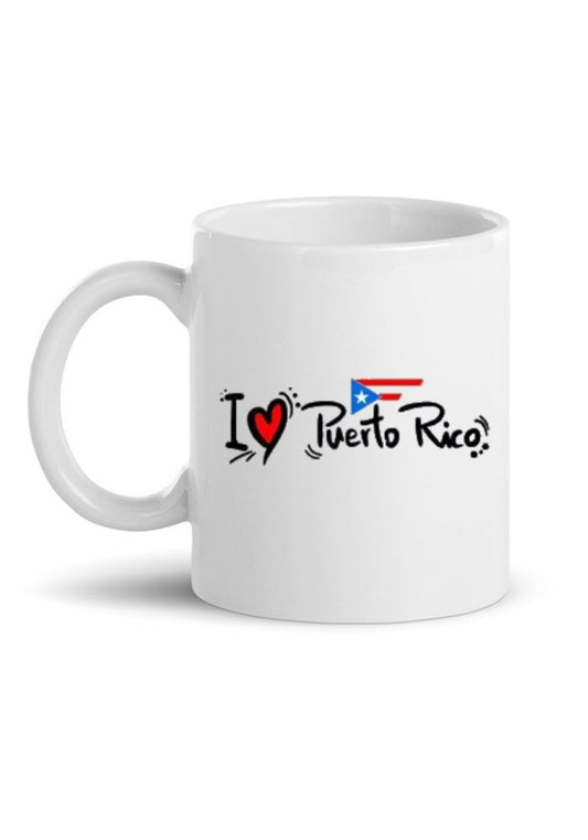 white ceramic mug with Puerto Rico motif